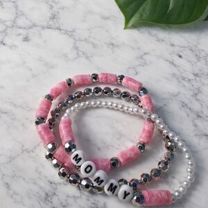 MOMMY Bead Bracelet Gift for Mom Pink And Sliver Handmade Jewelry